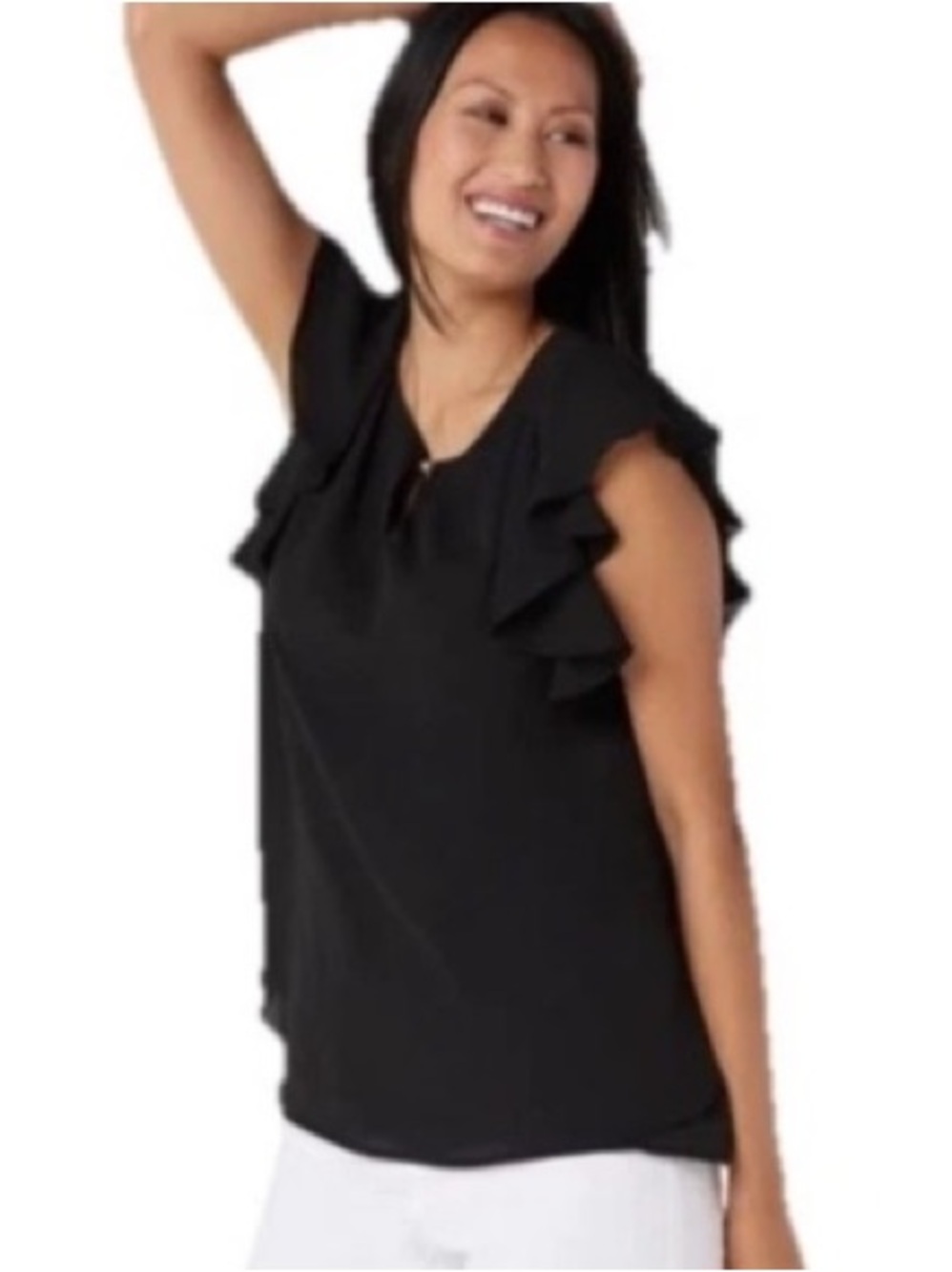 Susan Graver XL Double Flutter Capped Sleeves Liquid Knit Top Black Tulip Ruffle